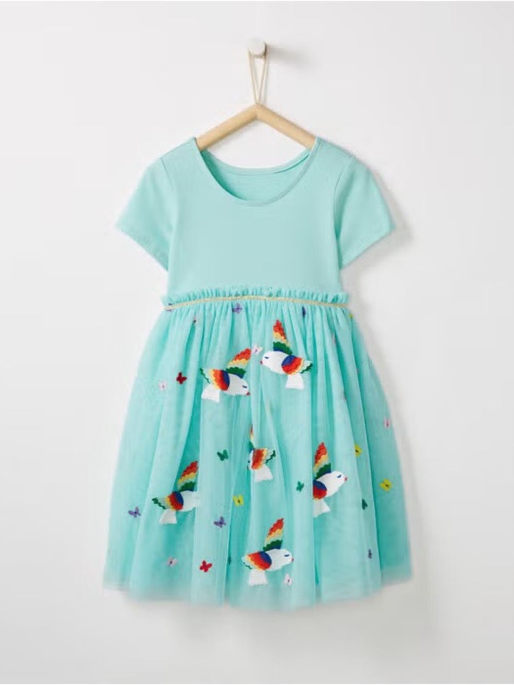 Hanna Andersson Mint Tulle Dress with Rainbow Bird Appliqués